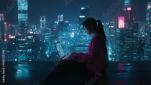 Young woman using laptop, working on rooftop with digital cityscape at night