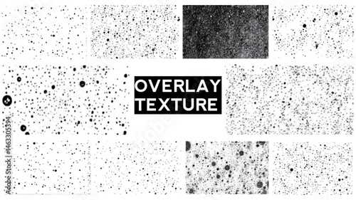 Overlay texture set. Different types of texture stamps (damaged, paint, old, concrete and other). Vector collection urban grunge overlay. Paint texture with spray effect and drop ink splashes.