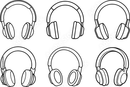 Set of headphones outline vector illustration, line art