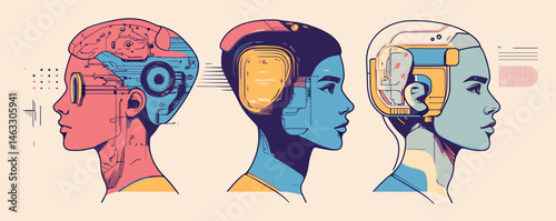 Profile illustrations of women with futuristic cybernetic enhancements in side view.