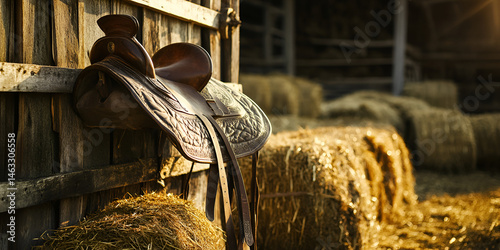 Obraz na płótnie Vintage Leather Horse Saddle in Rustic Barn Setting
w salonie
