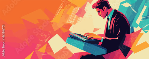 Abstract art of businessman in suit typing on keyboard with vibrant geometric background.