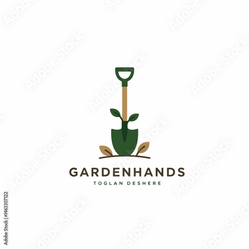 Green Growth: A captivating logo design that symbolizes the nurturing of the earth, presenting a shovel elegantly interwoven with verdant leaves and a harmonious color palette.