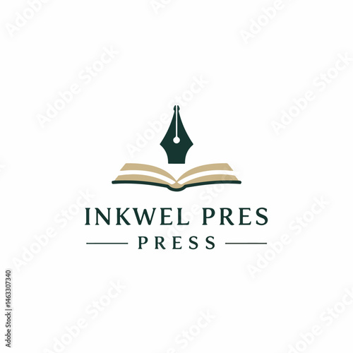Inkwell Press logo concept: A symbol of knowledge and creation, featuring an open book, elegant ink pen, designed in a clean, modern style and evoking the essence of creative process. 