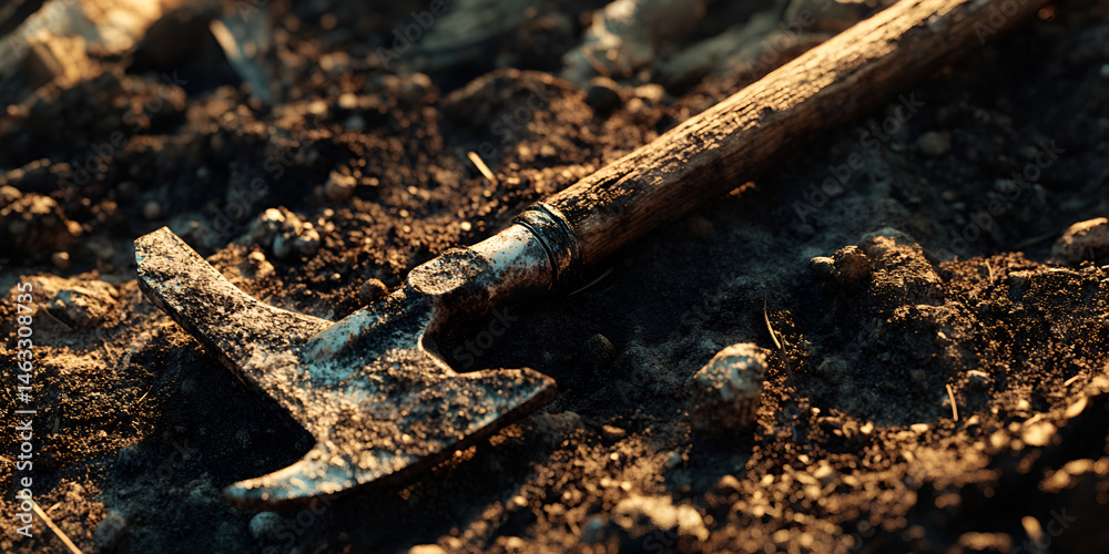 Rustic Hoe on Farmland Soil at Sunset with Earthy Texture