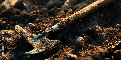 Obraz na płótnie Rustic Hoe on Farmland Soil at Sunset with Earthy Texture
w salonie
