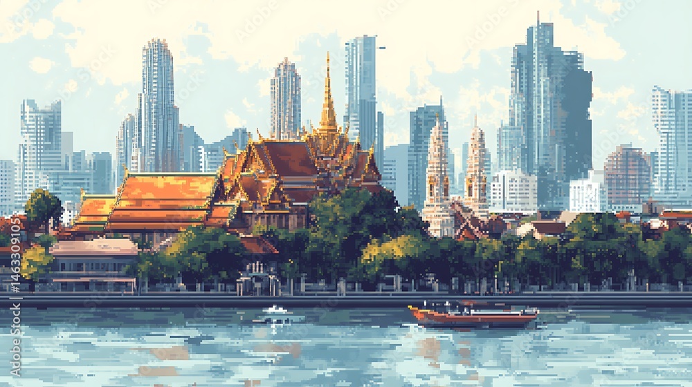 Naklejka premium top view pixel art of bangkok