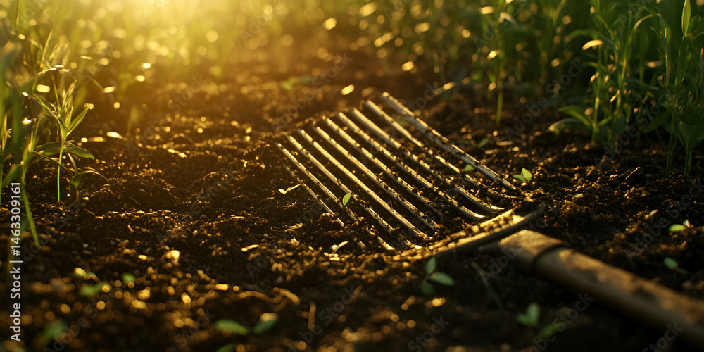 Garden Rake on Soil in Sunlit Field with Young Green Plants