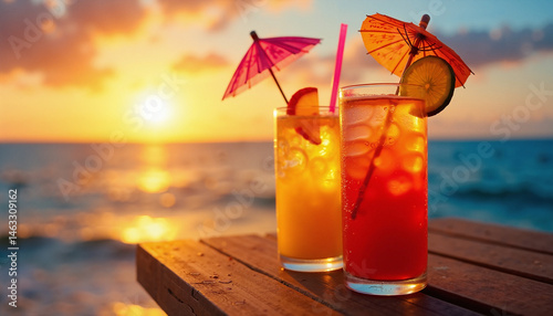 Two colorful cocktails with umbrellas served on a wooden table at sunset by the beach