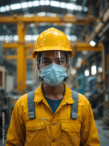 Protective Gear: A worker donned in yellow coveralls, a face shield, and a safety helmet is seen inside an industrial setting, representing safety, and occupational health