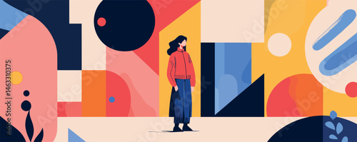 Abstract art of woman standing against bold geometric background in vibrant colors.