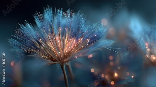 Dandelion in Quantum Foam with Cherenkov Glow Trails, Hyperreal Physics Visualization, Time-Lapse Motion Rendering for Scientific Studies photo