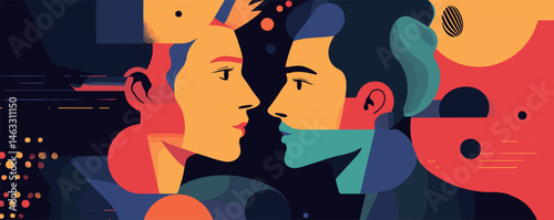 Colorful abstract portrait of two interacting faces in profile view.