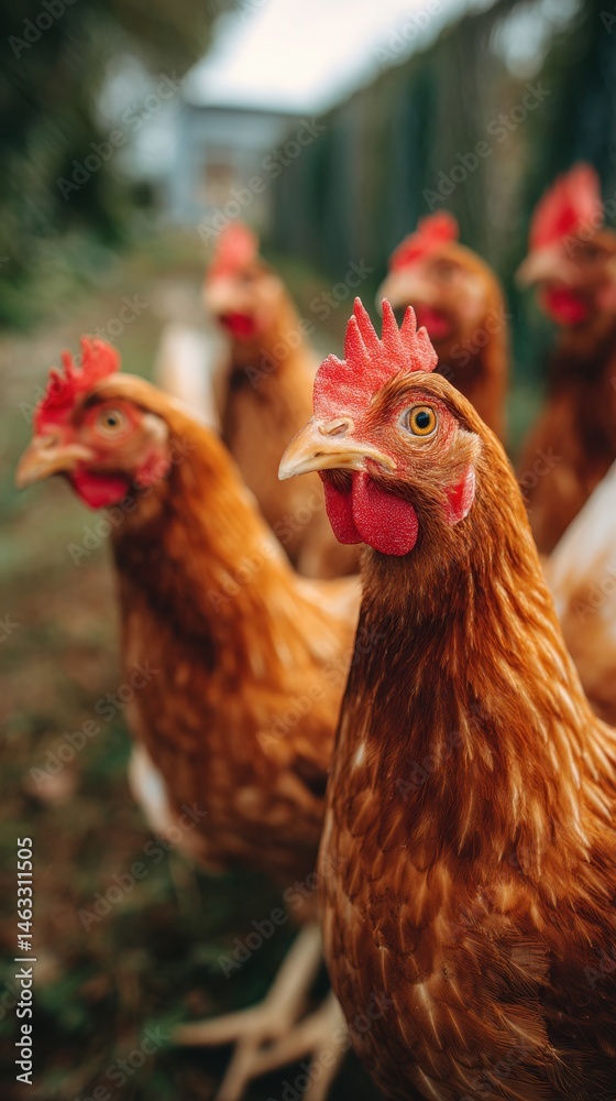 Fototapeta premium Close-up view of several hens in a rural setting.