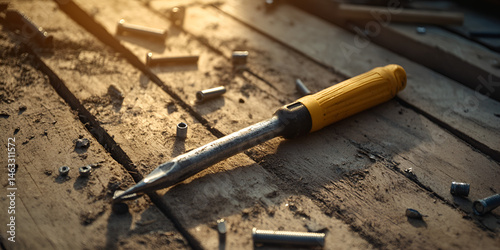 Close-Up of Screwdriver and Screws on Wooden Workbench in Warm Light

