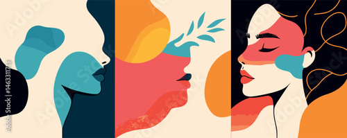 Abstract artistic portraits of diverse women in colorful profiles with bold shapes.
