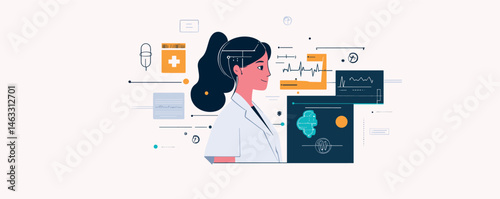 Female doctor analyzing medical data on digital screen with health technology interfaces.