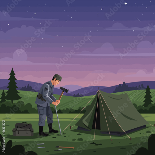 Man Camping, Hammering Tent Stake Into Ground at Twilight in Nature