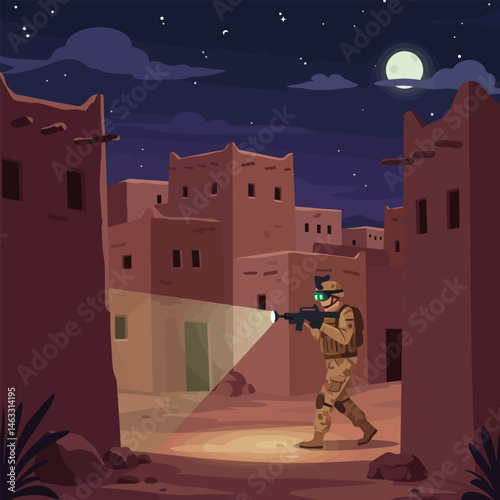 Soldier Patrolling Street at Night Shining Flashlight in Desert Town