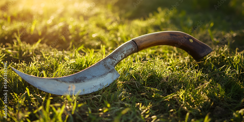 Curved Sickle with Wooden Handle Lying on Grass at Sunset