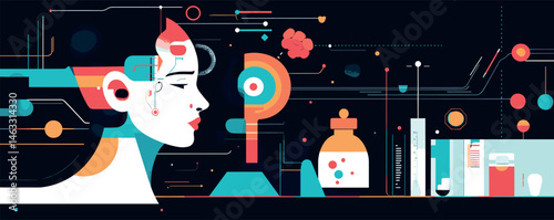 Futuristic woman with ai technology and medical science elements in abstract art.