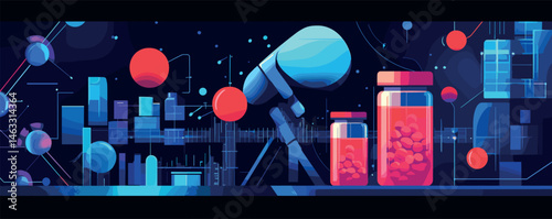 Futuristic laboratory with telescope and glowing jars in a neon space-themed setting.