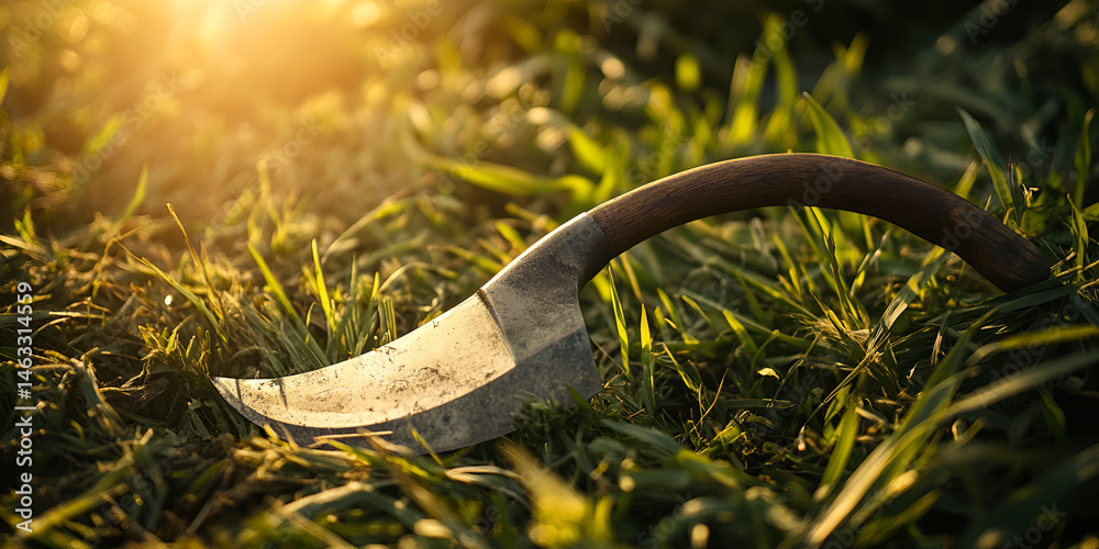 Curved Sickle with Wooden Handle Lying on Grass at Sunset