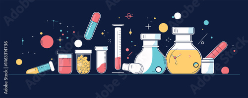 Colorful scientific laboratory illustration with flasks, beakers, and floating capsules in space.