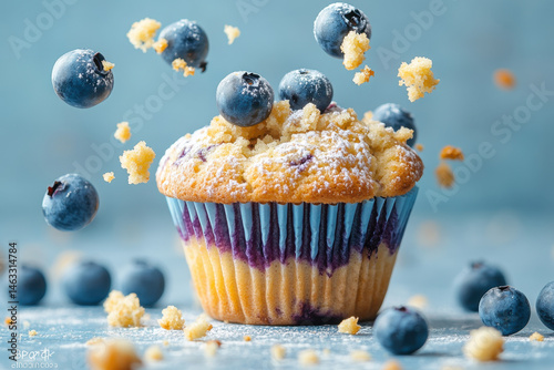 Powdered sugar-topped blueberry muffins.