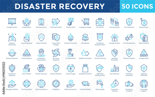 Disaster Recovery icons set with emergency plan, preparedness, risk assessment, evacuation route, disaster drills, emergency supply, first aid kit, communication icon. Simple outline color vector 
