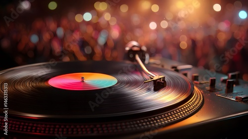 Colorful vinyl record with radiant rainbow waves on velvet turntable under golden stage lights, celebrating World Music Day with dynamic energy and abstract concert crowd in soft blurred bokeh