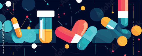 Colorful abstract pharmaceutical design with pills and capsules on dark background.