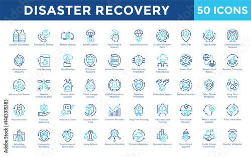 Disaster Recovery icons set with disaster volunteers, emergency hotline, mobile medical, relief supplies, psychological support, humanitarian aid icon. Simple outline color vector 
