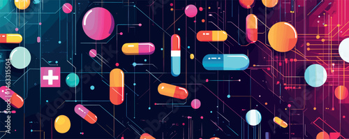 Colorful digital pills on futuristic circuit board background symbolizing medicine and technology.