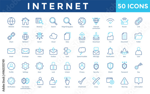 Internet icons set with website, homepage, browser, search, magnifying glass, globe, internet connection, wi-fi, router, link icon. Simple outline color vector 
