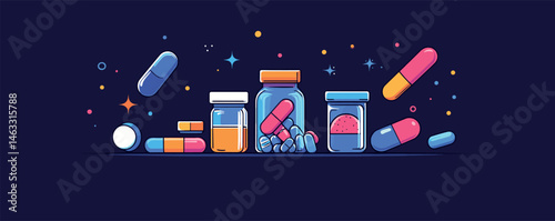 Colorful pills and jars on dark background with stars and sparkles.