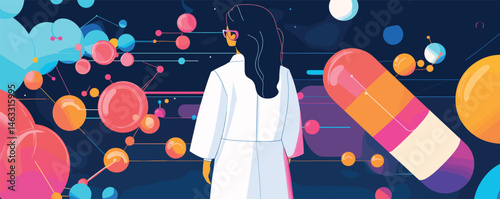 Female scientist observing molecules and cells in colorful laboratory setting with data connections.