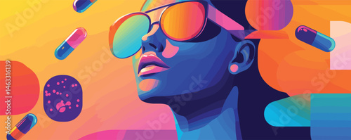 Vibrant pop art style portrait of a young woman with sunglasses and colorful capsules.