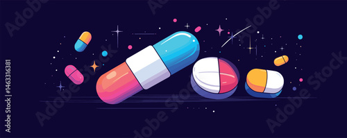 Colorful capsules and tablets in space-themed background with stars and sparkles.