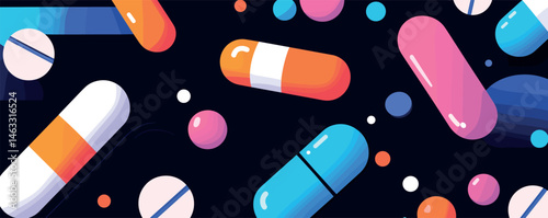 Colorful pills and capsules on black background - vibrant medicine concept.