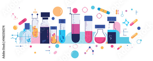 Colorful collection of laboratory glassware with molecules and scientific instruments.