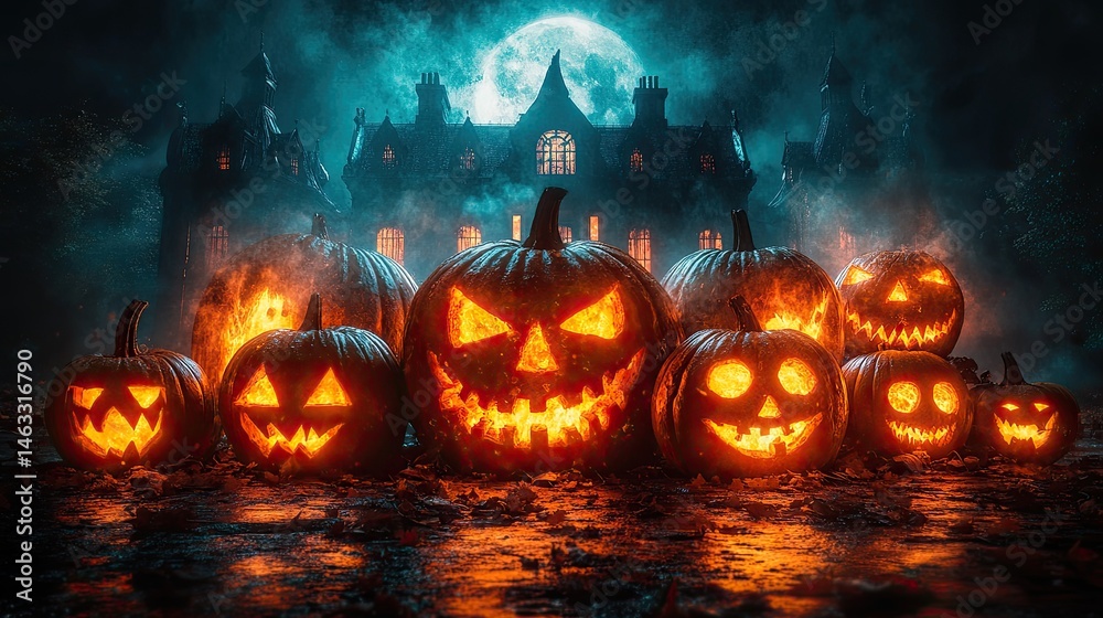 Fototapeta premium Spooky Jack-o'-lanterns illuminated, manor house backdrop