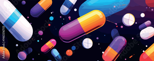 Colorful capsules and tablets floating against dark background in vivid digital art.