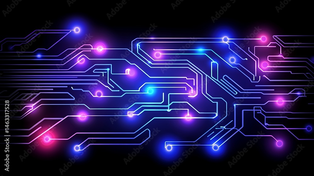 Abstract circuit board design with glowing neon lines Abstract circuit board design with glowing neon lines