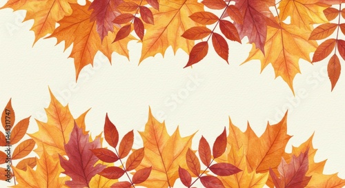 Colorful Autumn Leaves Border on Neutral Background