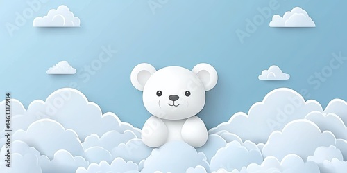 Adorable Polar Bear Cub Amidst Fluffy Clouds: A Dreamy Paper Art Illustration