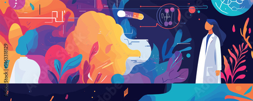 Female scientist observes abstract scientific landscape in colorful space.