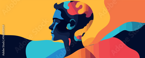 Colorful abstract portrait of a man in profile with vibrant shapes and bold colors.