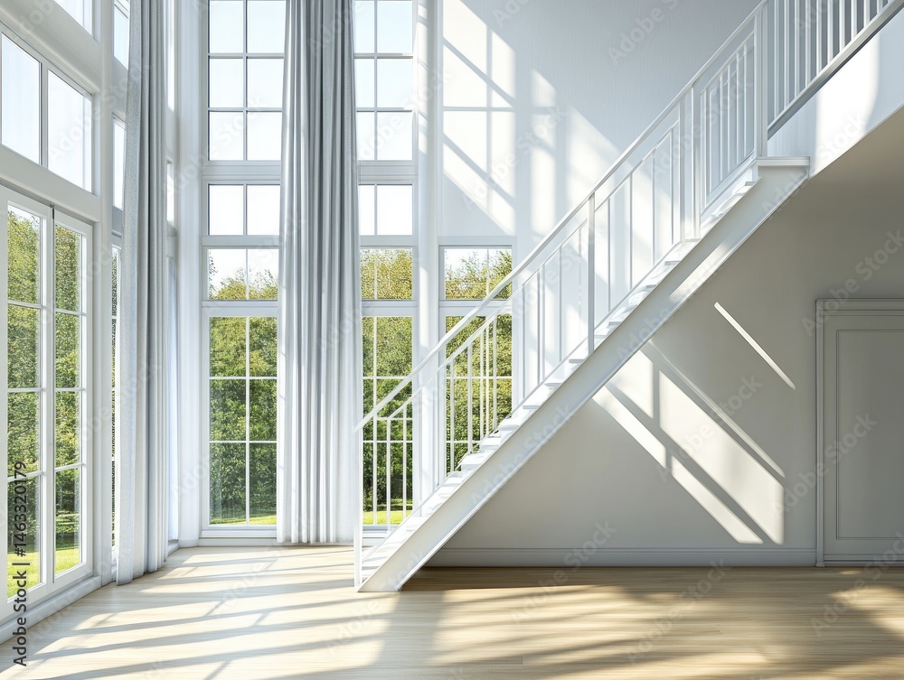 Obraz premium Modern sunlit interior with white staircase