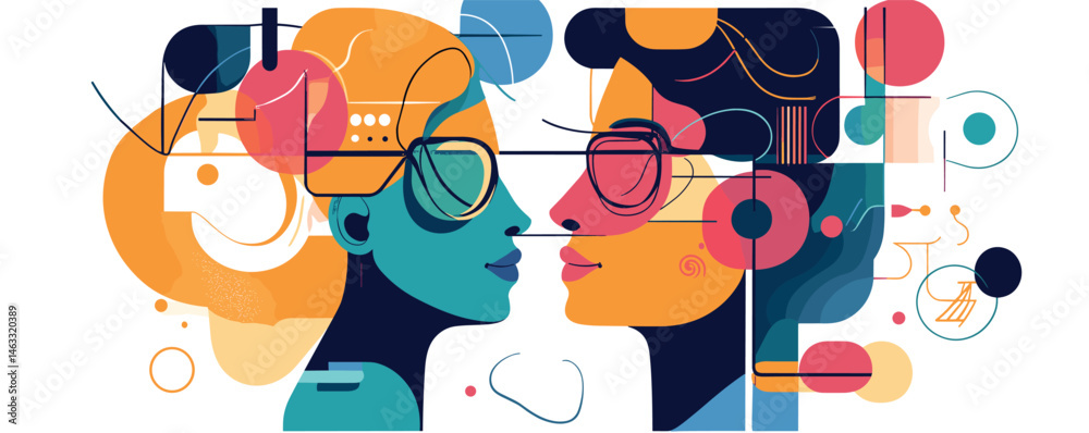 Fototapeta premium Abstract art of two faces in profile with geometric shapes and vibrant colors.